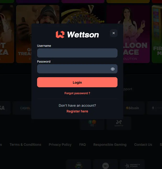 Přihlašovací formulář Wettson Casino se zadáním uživatelského jména a hesla