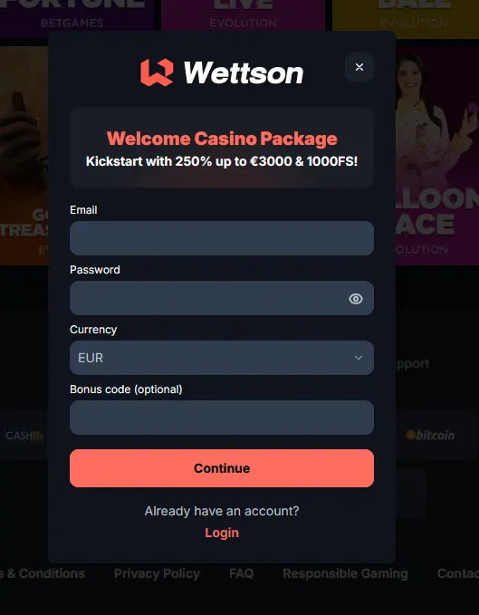 Registrační formulář Wettson Casino s uvítacím bonusem 250 % až 3000 EUR